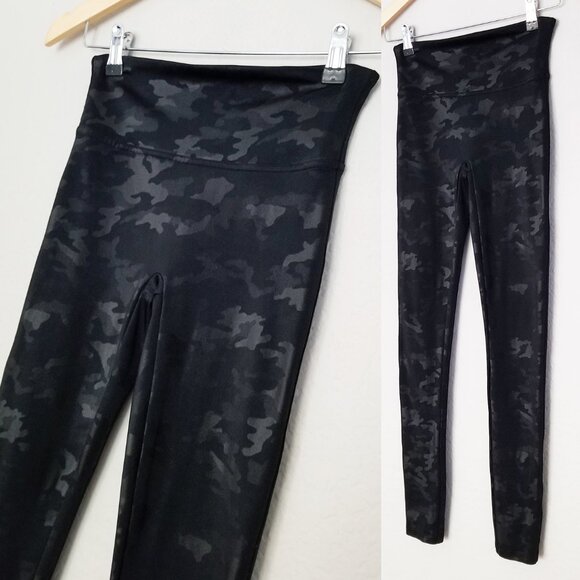 SPANX Faux Leather Camo Legging S High Waist Stretchy Disco Pants Black Slimming - Picture 9 of 10